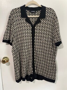 Express Black & Cream Geo Knit Short-Sleeve Polo